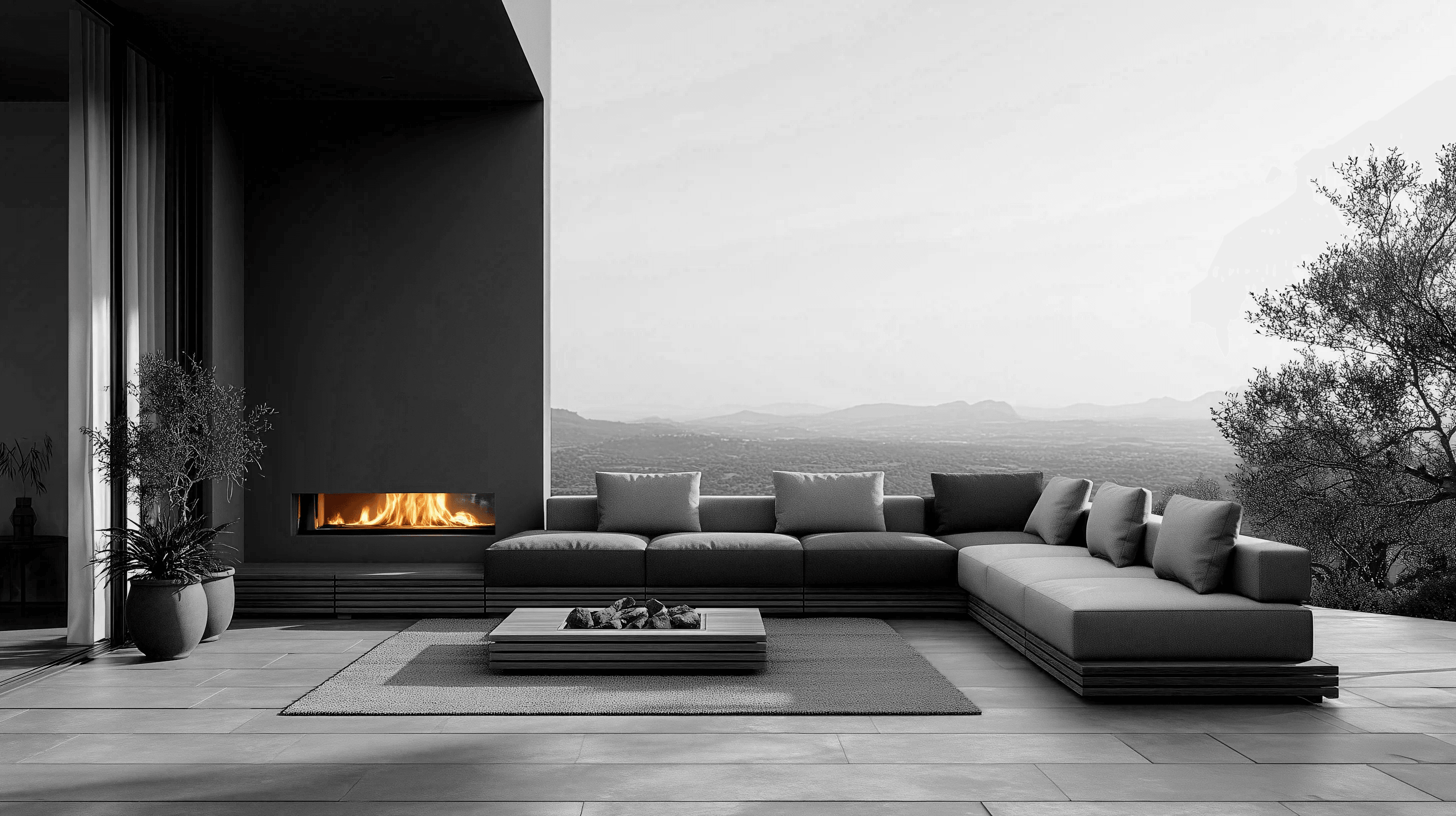Modern luxury interior with fireplace